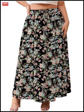 Plus Size Maxi Skirt High Waisted Elastic Waist Flowy Long Skirt with Pockets